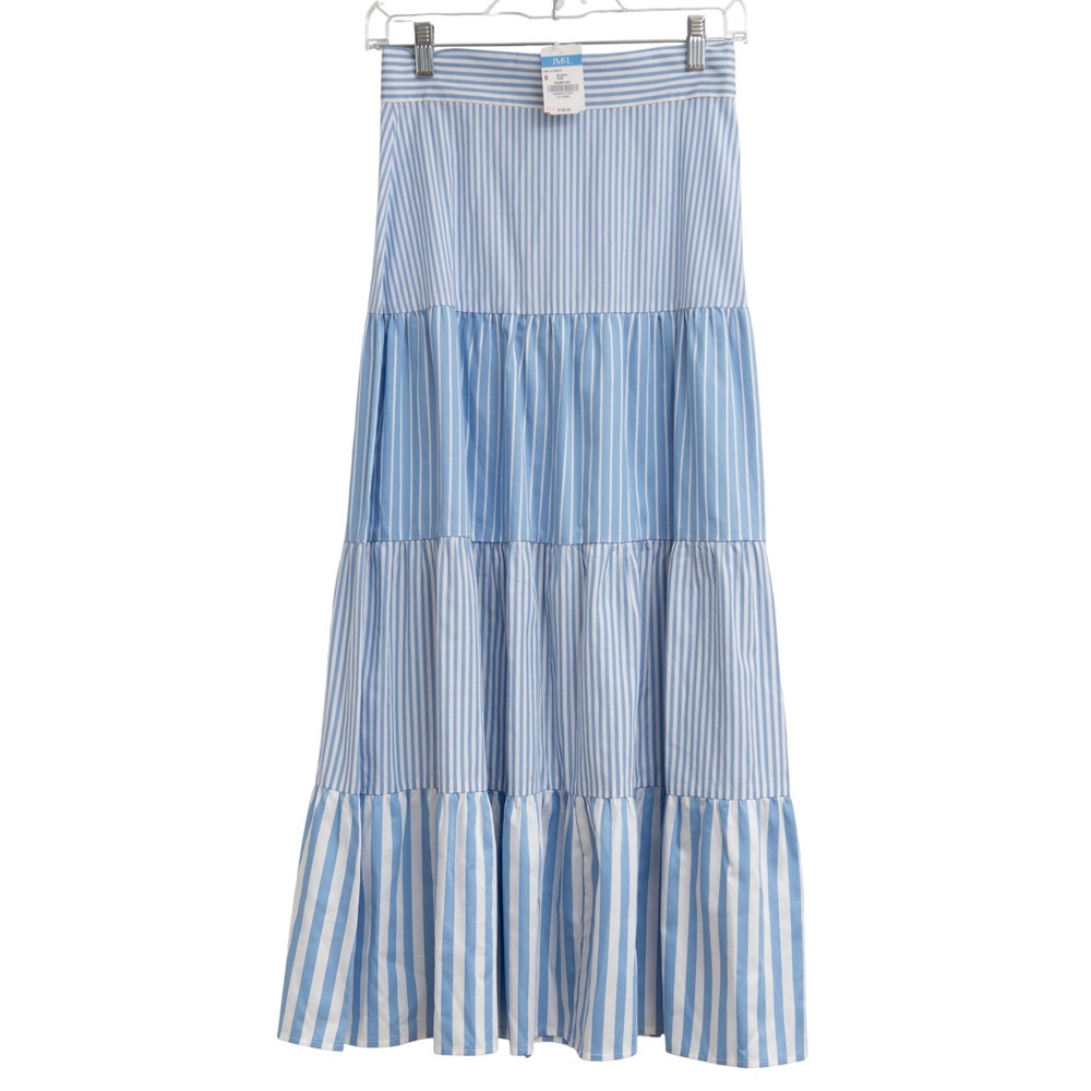 J McLaughlin Seersucker Maxi Skirt NWT Blue White Stripe Tiered Coastal Hamptons